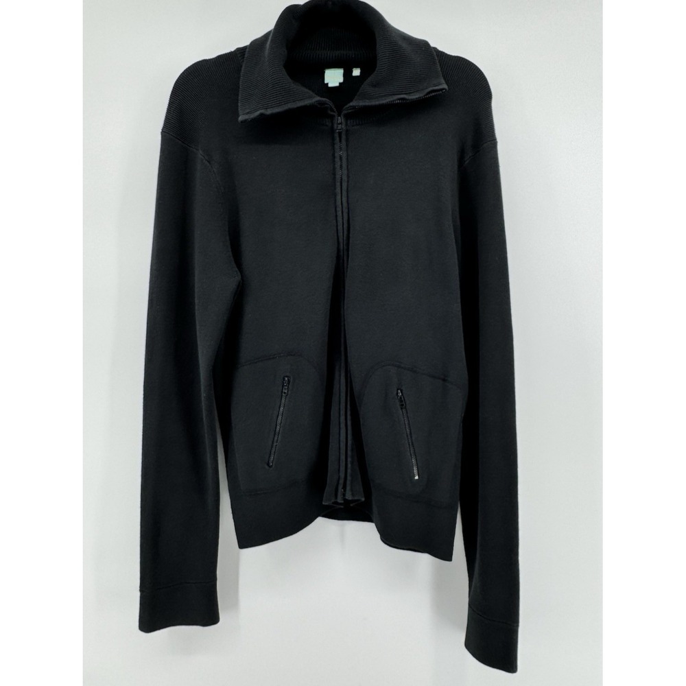 Preppy Zip Up Cardigan‎ Women Size XL Black Ribbed Knit Sweater Pockets Shu Shu